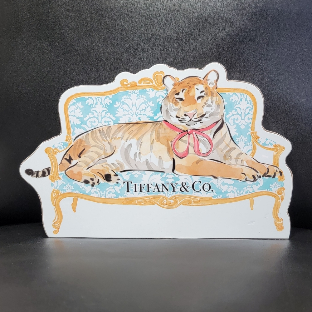 Tiffany & Co. Tiger Wooden Block Home Decor Freestanding Display Sign Blue Sofa